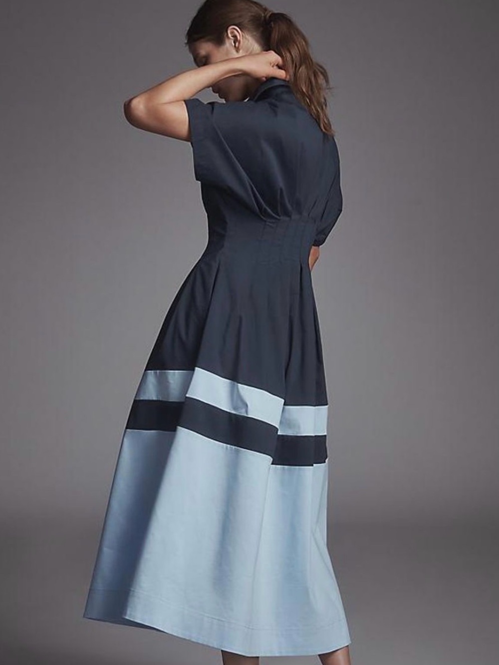 Exquise Navy and Light Blue Colorblock Maxi Shirt Dress